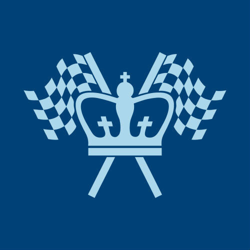 Light blue crown with racing flags behind, all on dark blue background